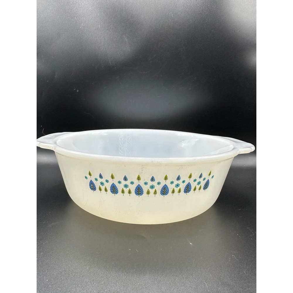 Vintage Fire-King Meadow Green Milk Glass Round Casserole Dish Tab Handles 9in